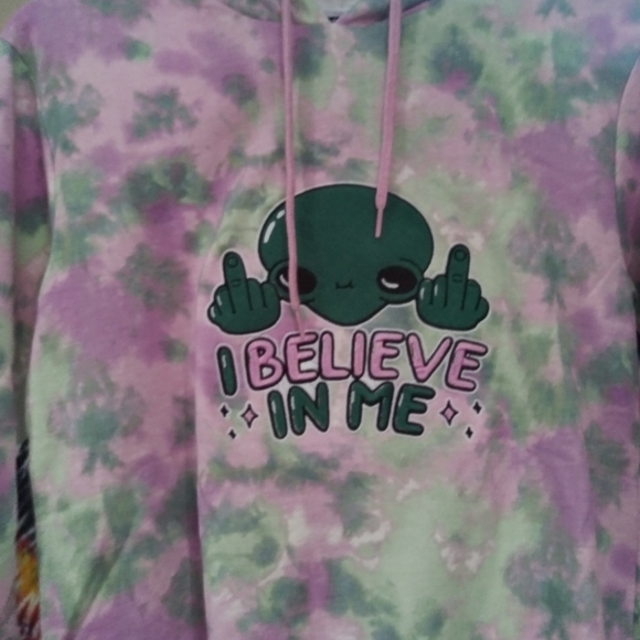 Green Purple Tie Dye Hooded Sweatshirt Embroidered with Alien Flipping Bird - Picture 2 of 2
